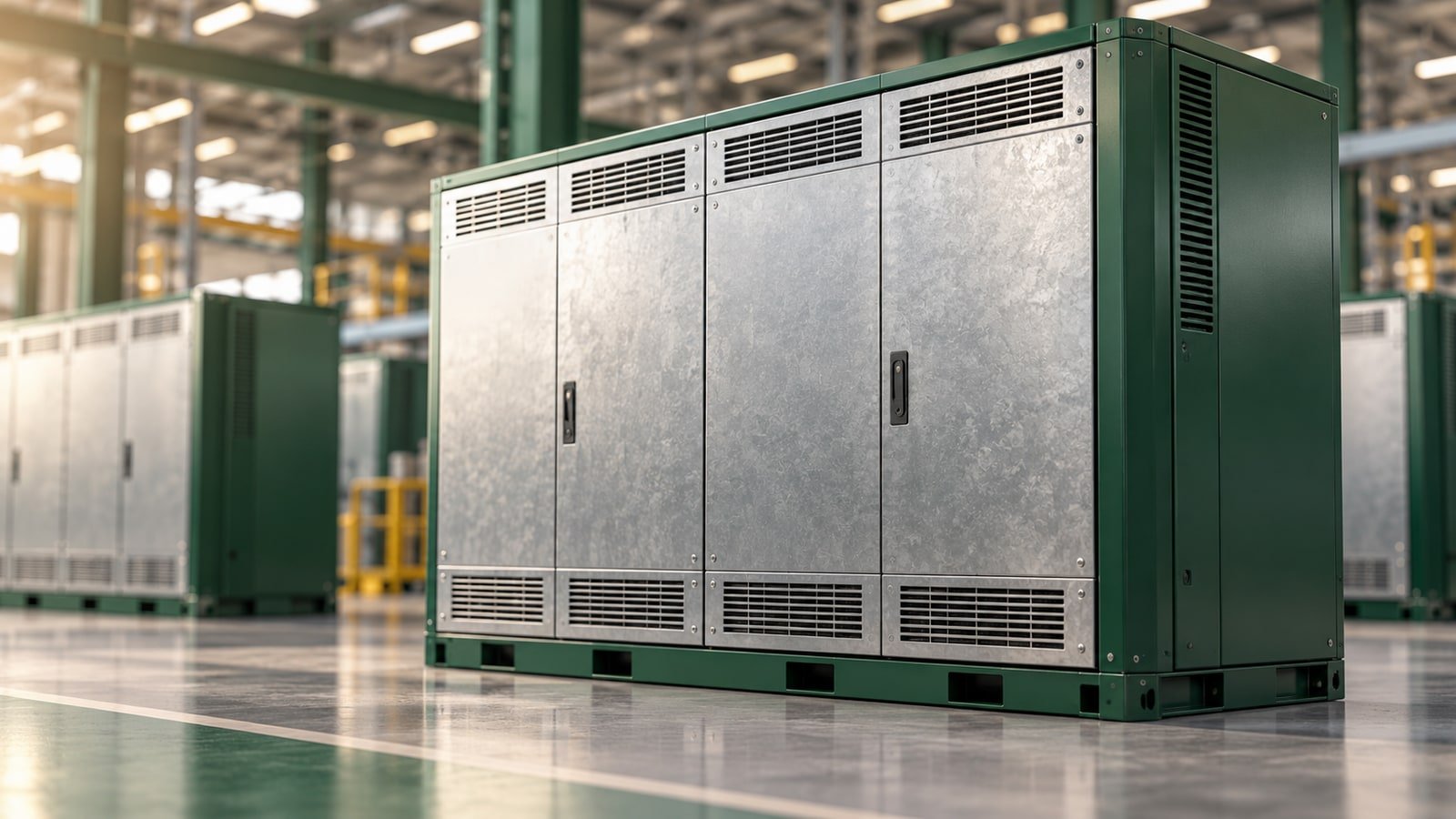 AI-generated stationary battery-storage cabinets in an industrial interior; not an actual Eos product or facility.