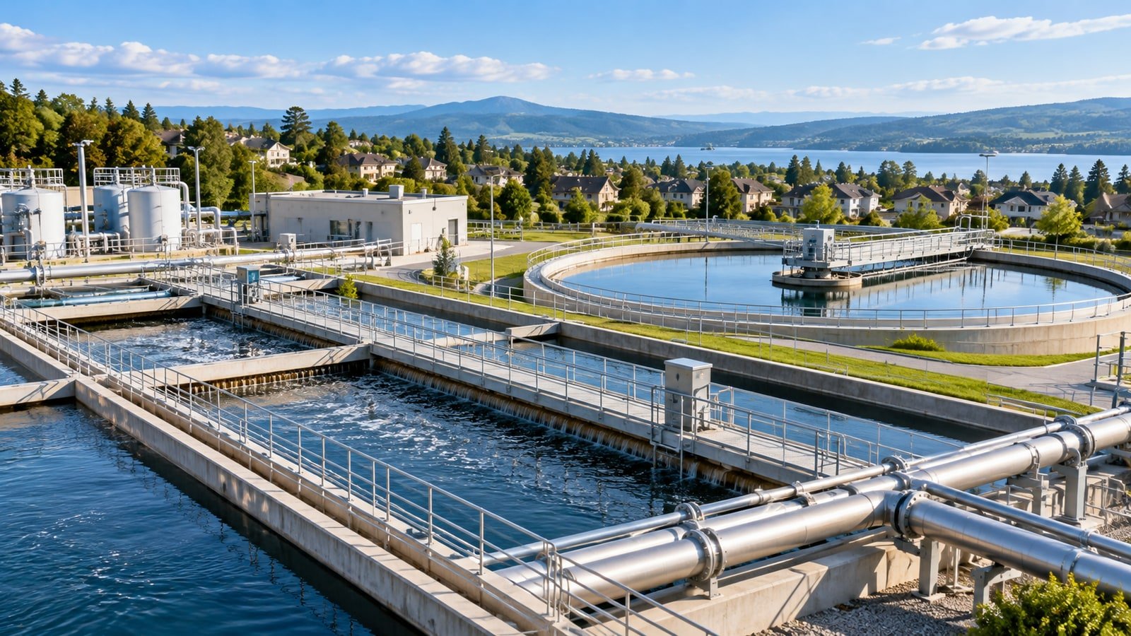 AI-generated concept of clean-water treatment channels, pipes and tanks beside a residential landscape; not an actual Essential Utilities installation.