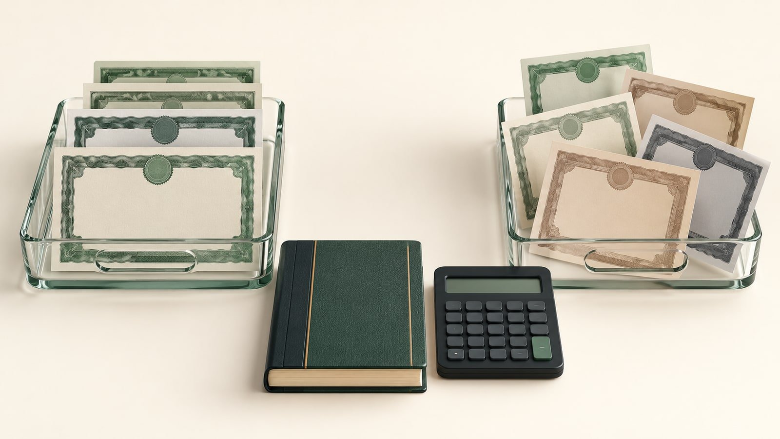 AI-generated glass portfolio trays with different blank securities, a ledger and calculator; a conceptual exchange, not a real tax document.