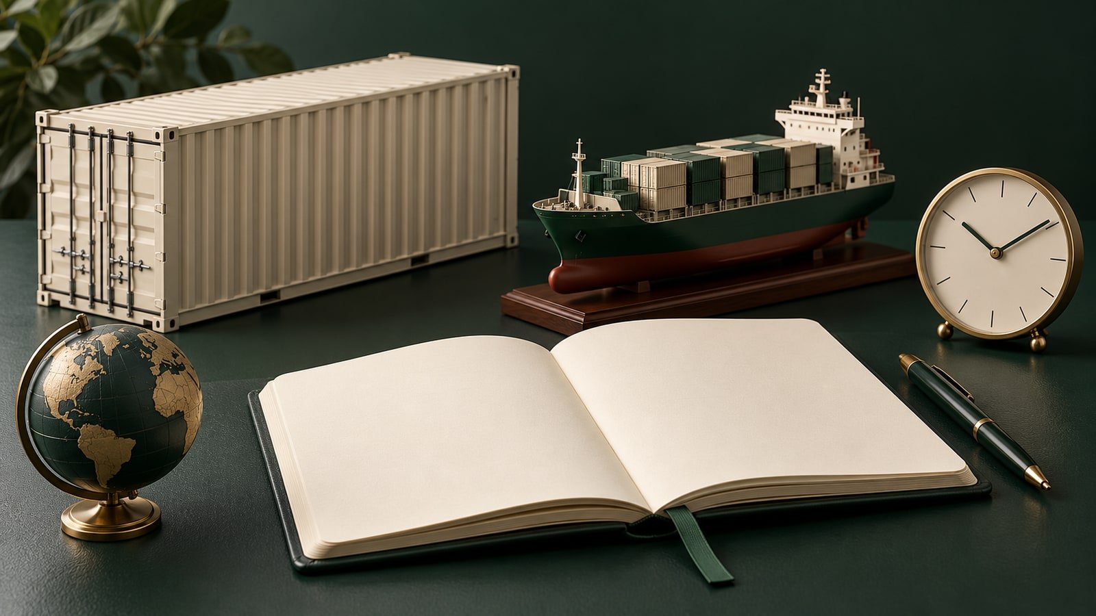 AI-generated cargo ship, shipping container, globe, clock and blank notebook; conceptual trade-consultation illustration.