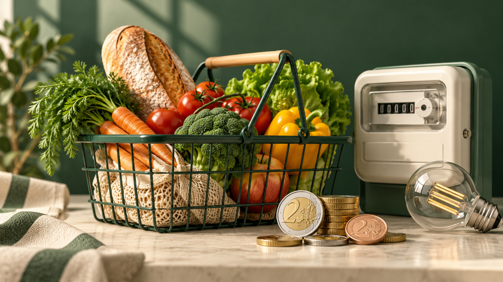 Original AI-generated conceptual grocery basket, generic euro coins and electricity-meter motif; not a measured household bill or official Eurostat graphic.