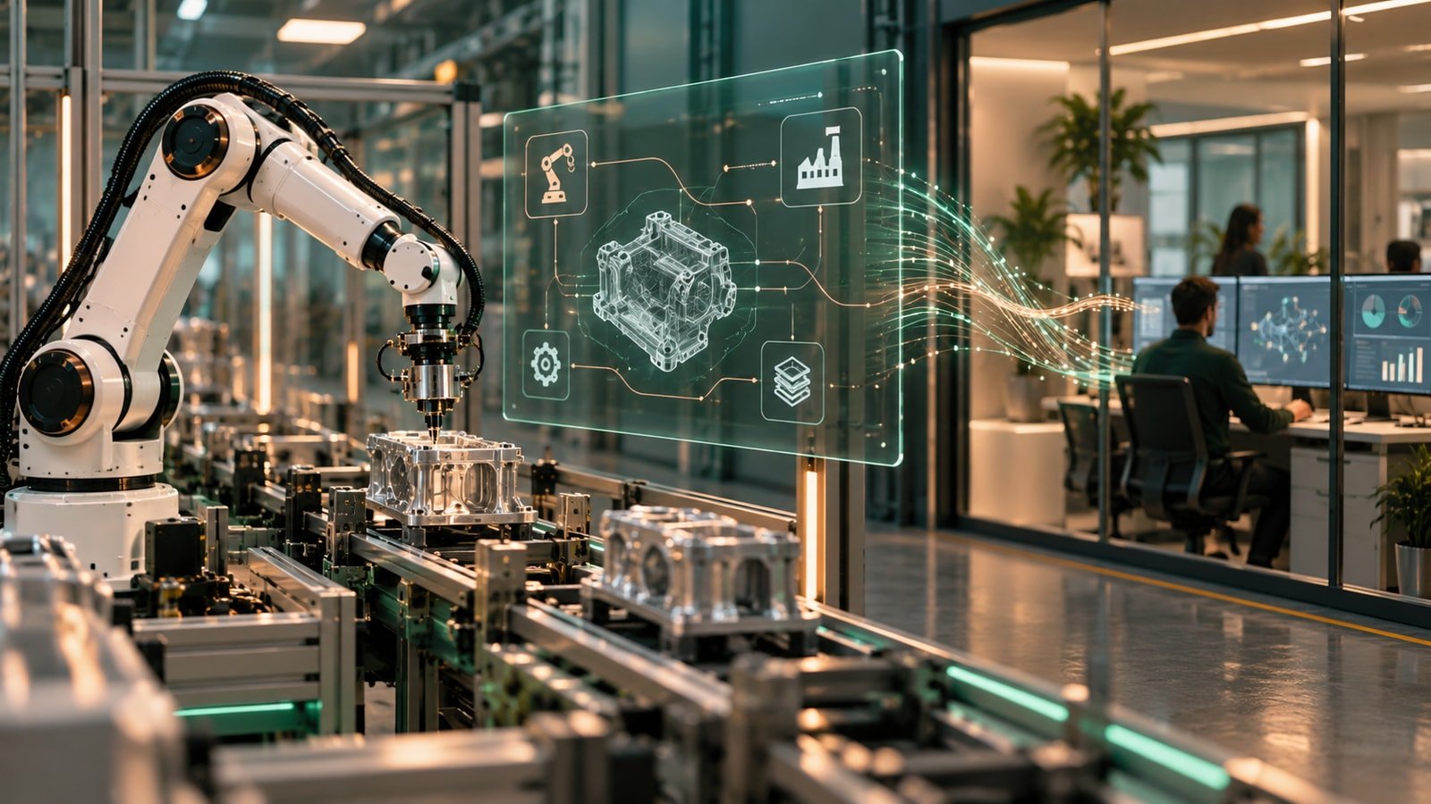 AI-generated concept of an unbranded industrial robot beside a secure manufacturing-data display; not an actual FANUC machine, Microsoft interface or factory.