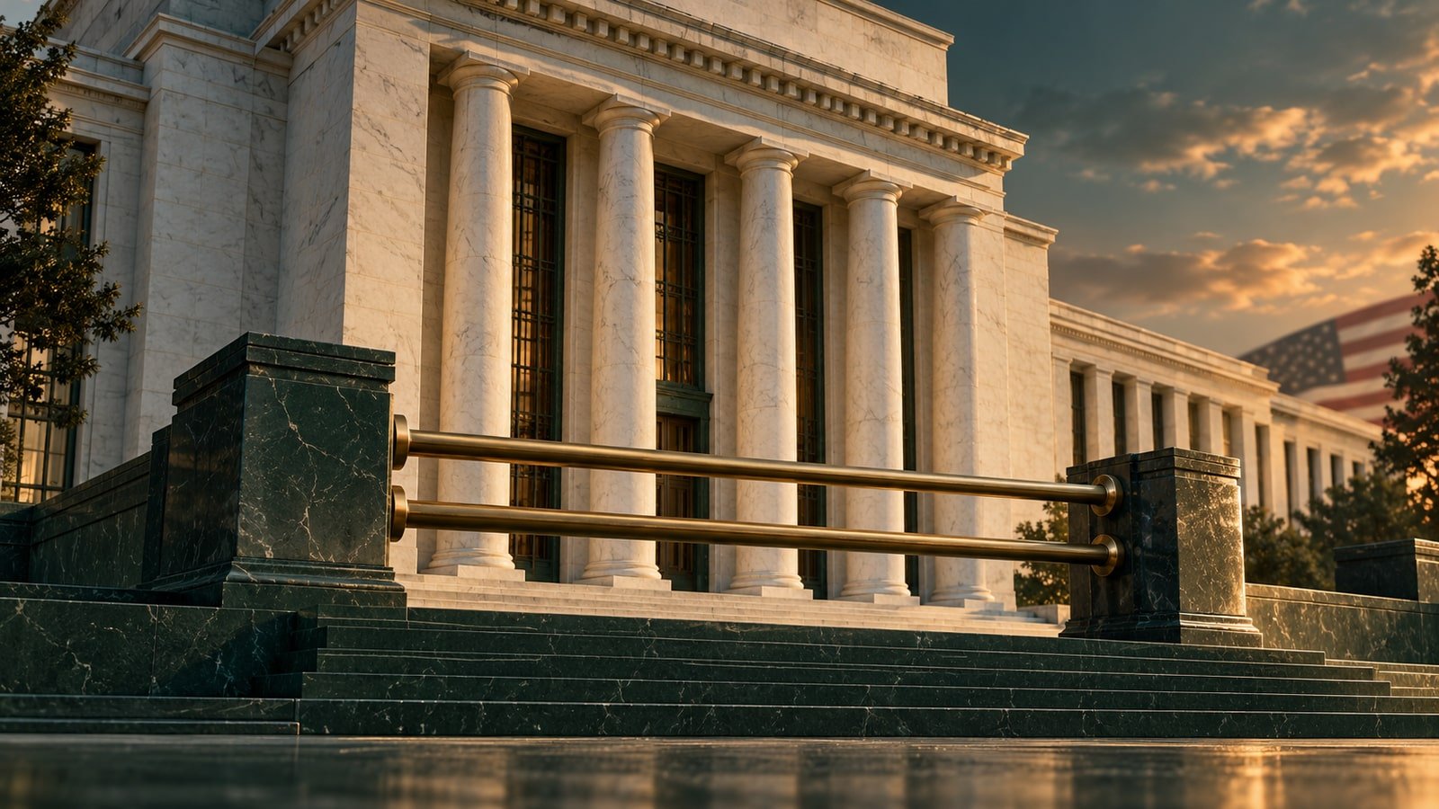 AI-generated conceptual illustration of a neoclassical central-bank colonnade and level brass rails; not an actual Federal Reserve building or event photograph.