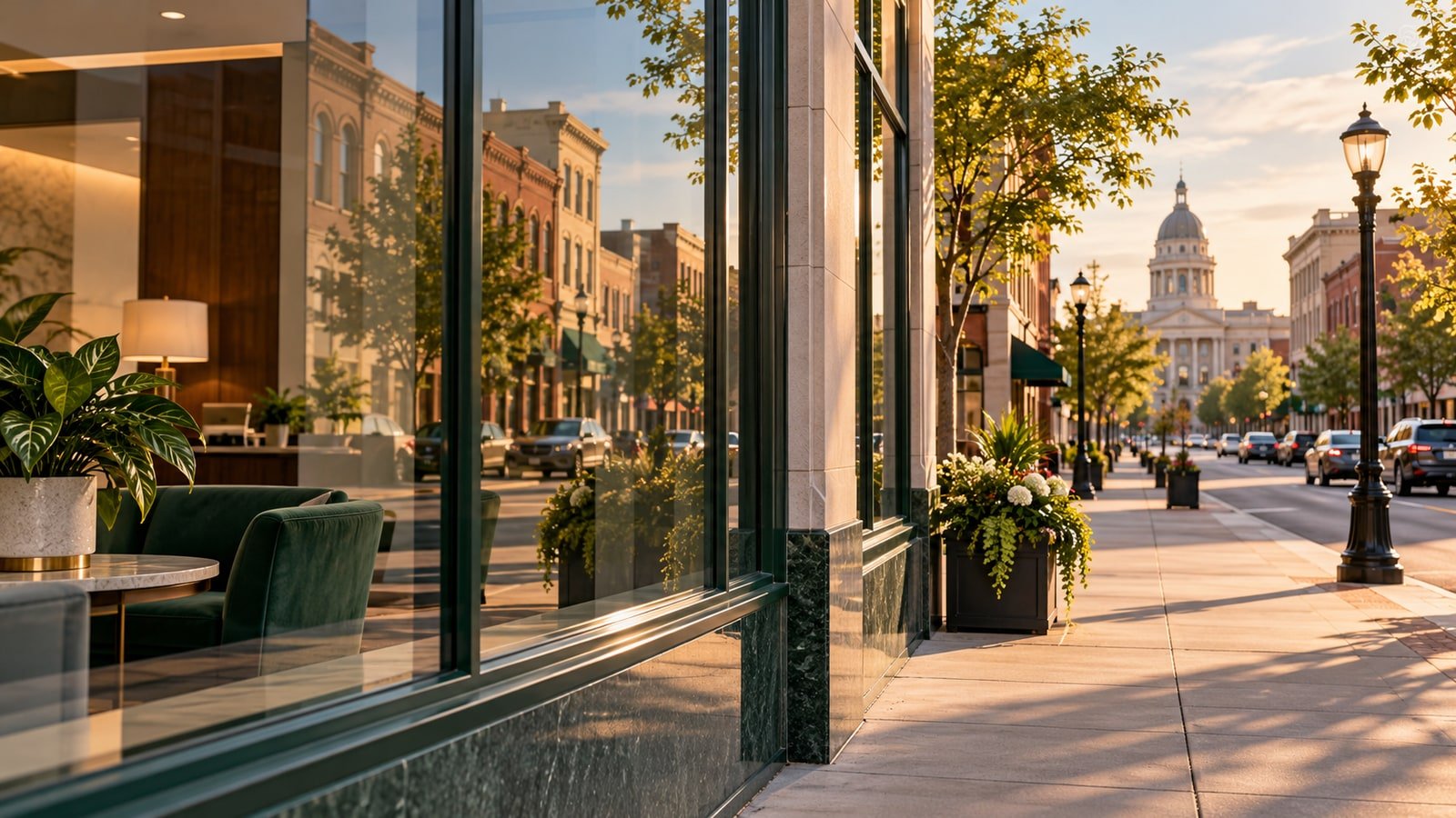 AI-generated Midwestern urban street reflected in a commercial-bank window.