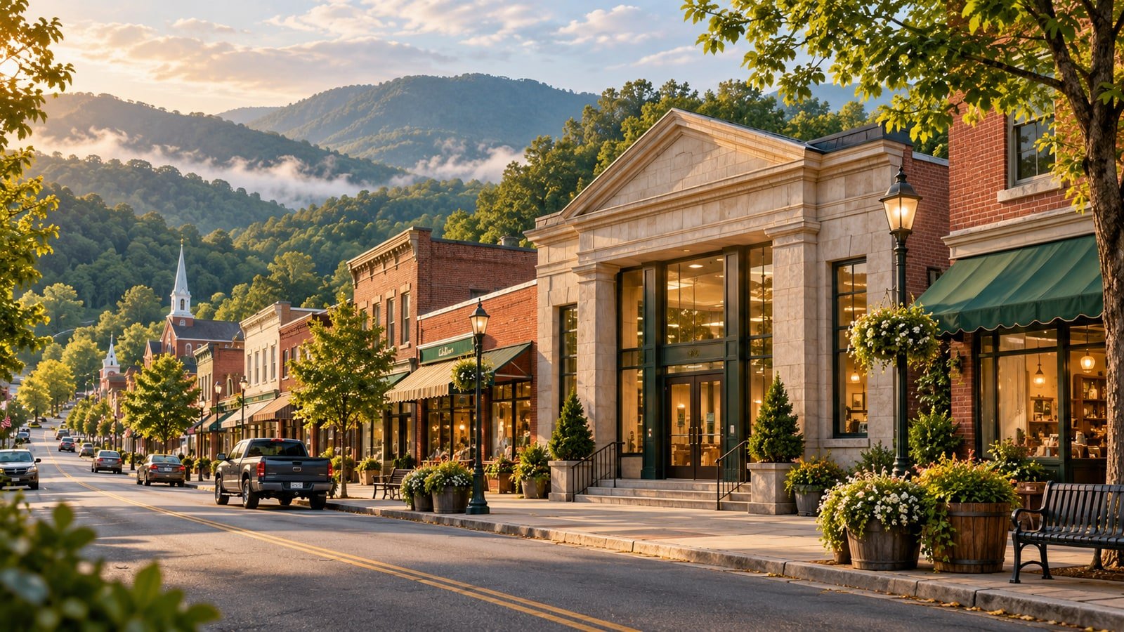 AI-generated Appalachian community-bank and main-street concept.
