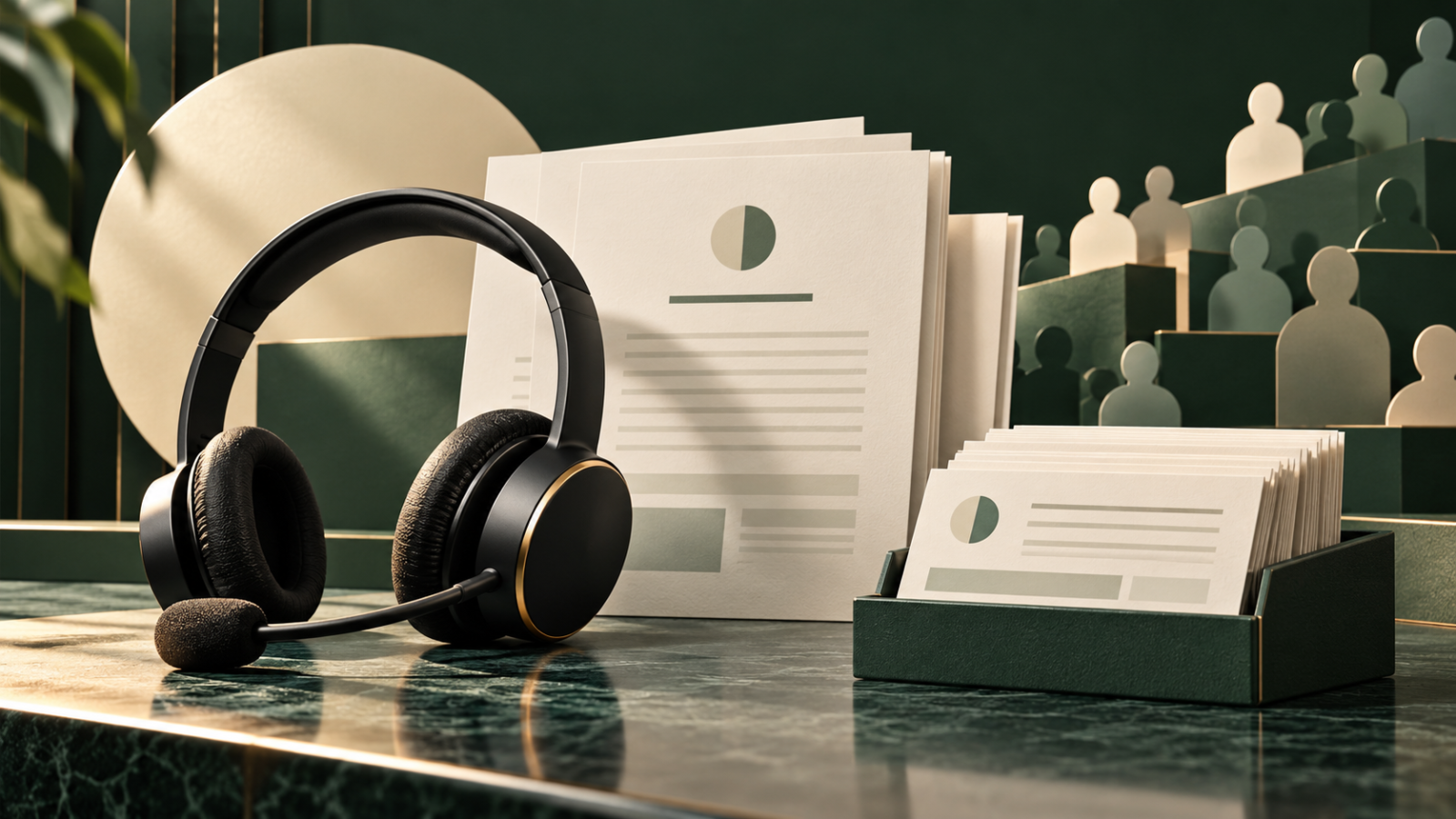 Original AI-generated conceptual illustration of a customer-support headset beside neutral documents and paper figures; not a real Fusion CX office or event.