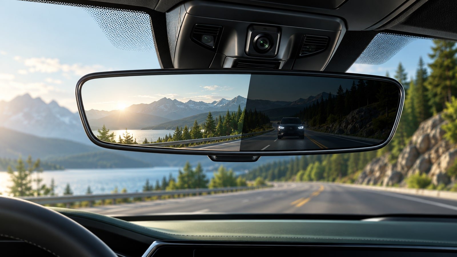 AI-generated concept of a generic rear-view mirror, camera module and dimmable vehicle glass; not an actual Gentex product or facility.