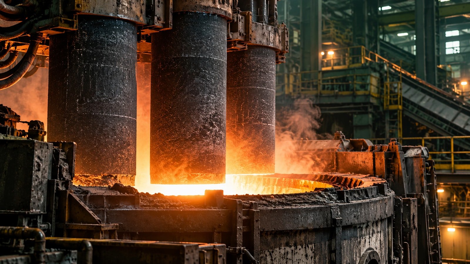 AI-generated concept of unbranded graphite electrodes and a generic electric steel furnace; not an actual GrafTech facility or event.