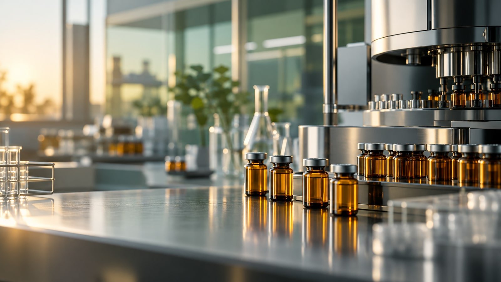 AI-generated conceptual illustration of unbranded amber laboratory vials and analytical equipment; not an actual GSK medicine, facility or event.