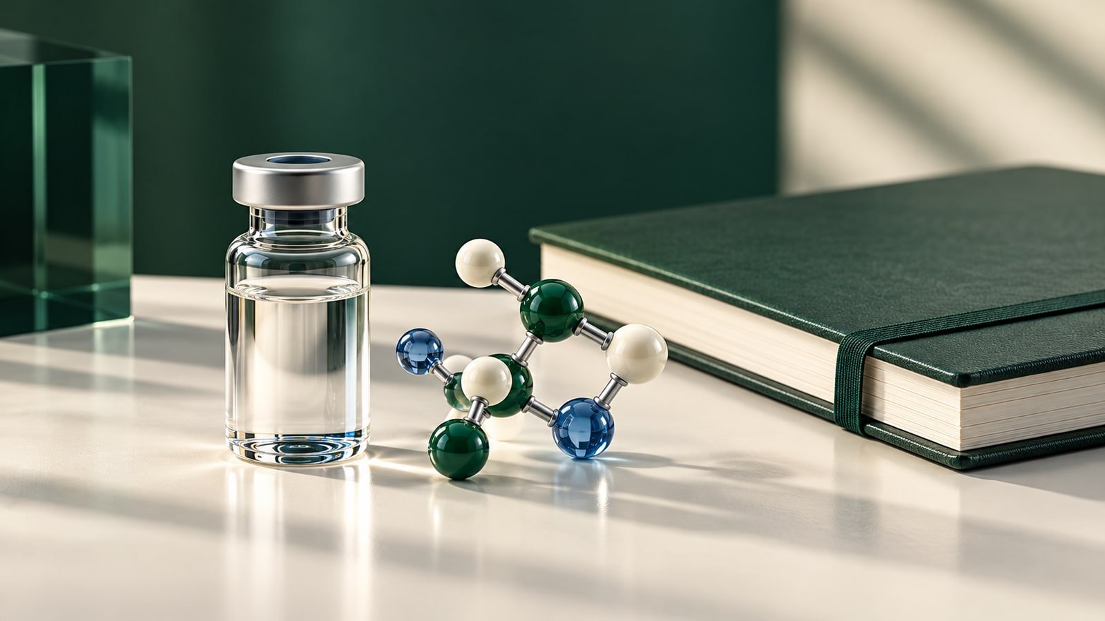 AI-generated vial, abstract molecular model and closed research notebook; not an actual GSK medicine, molecule or laboratory.