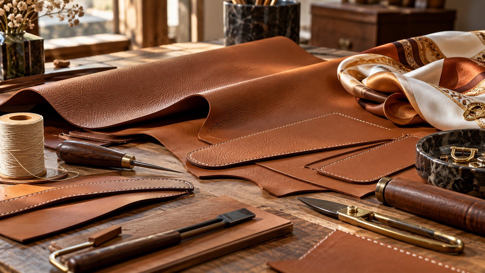 AI-generated conceptual luxury leather-craft workbench with caramel leather, stitching tools and silk; not an actual Hermès workshop or product.