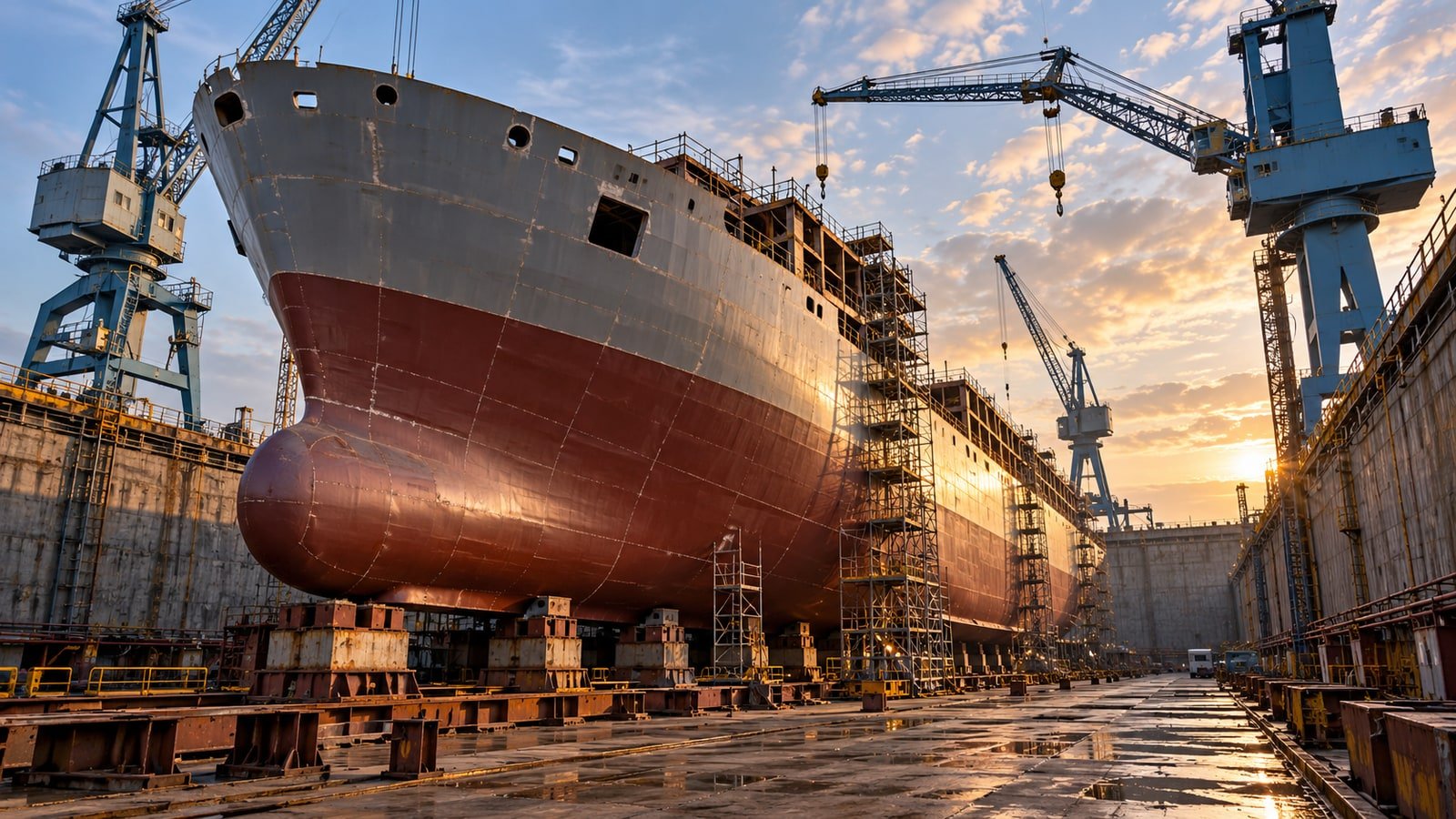 AI-generated concept of a generic ship under construction in a dry dock with cranes; not an actual HII vessel, facility or event.