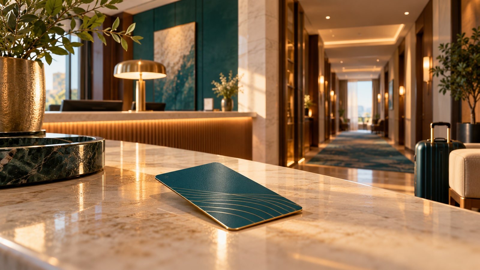 AI-generated concept: generic hotel reception and room keycard. Not an actual issuer product, facility or event.
