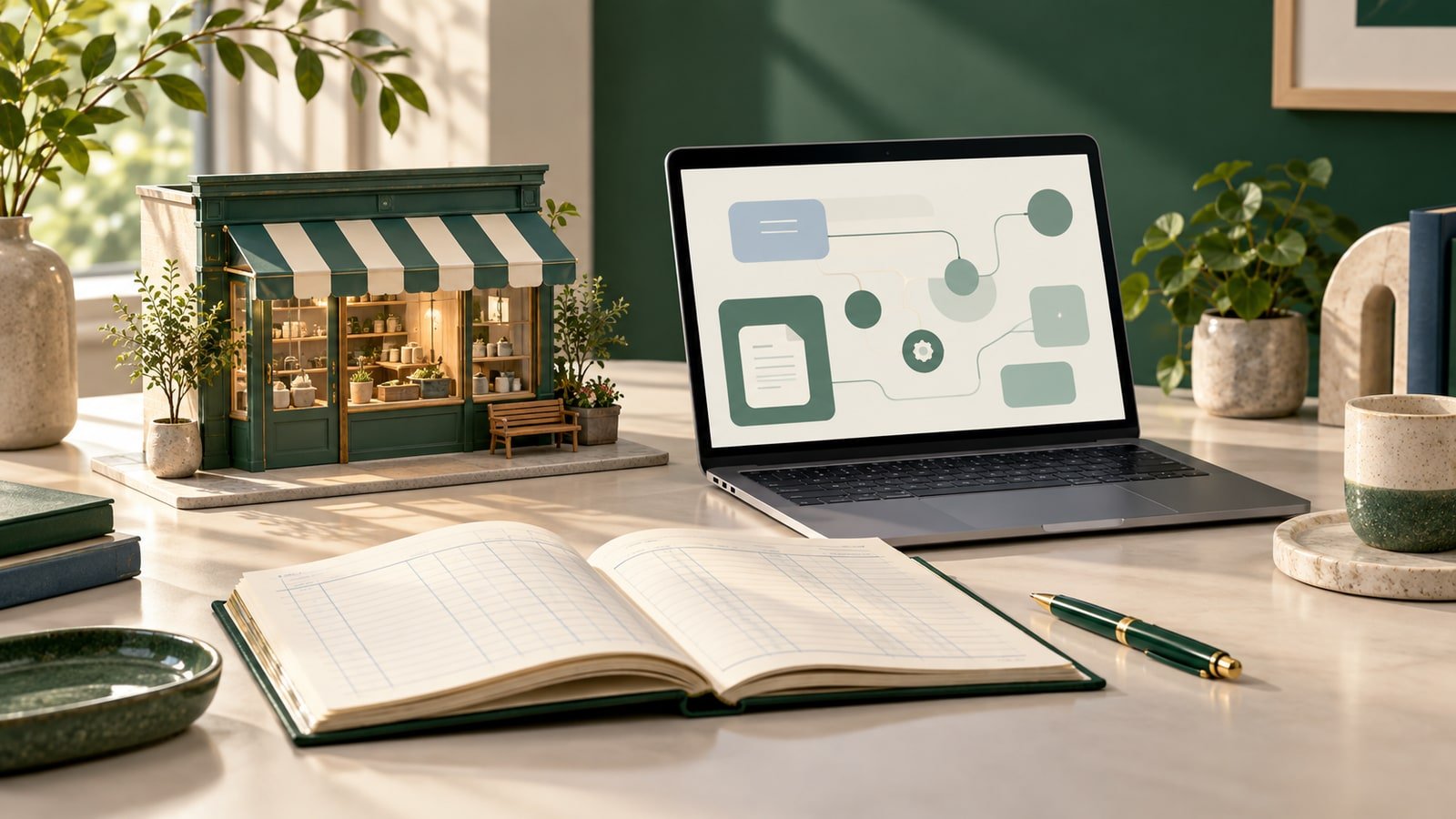 AI-generated shop model, laptop with abstract workflow shapes and blank ledger; not a Huntington interface or branch.