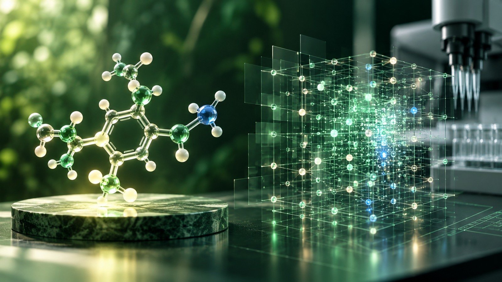 AI-generated molecular structure beside a computation lattice and generic laboratory equipment; not an actual Iambic facility, approved medicine or clinical outcome.