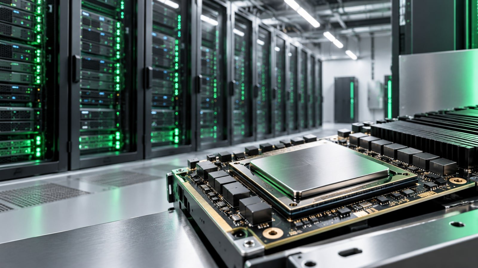 AI-generated concept of enterprise server cabinets and a computing module; not an actual IBM product or data centre.
