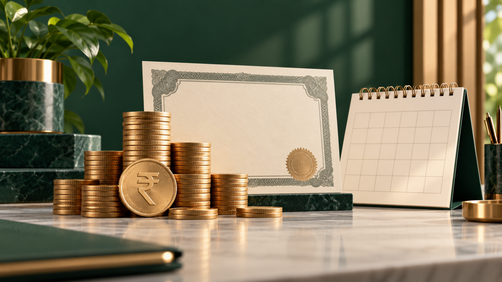 AI-generated conceptual illustration of coins, a blank calendar and a share certificate; not an ICICI Prudential notice or payment receipt.