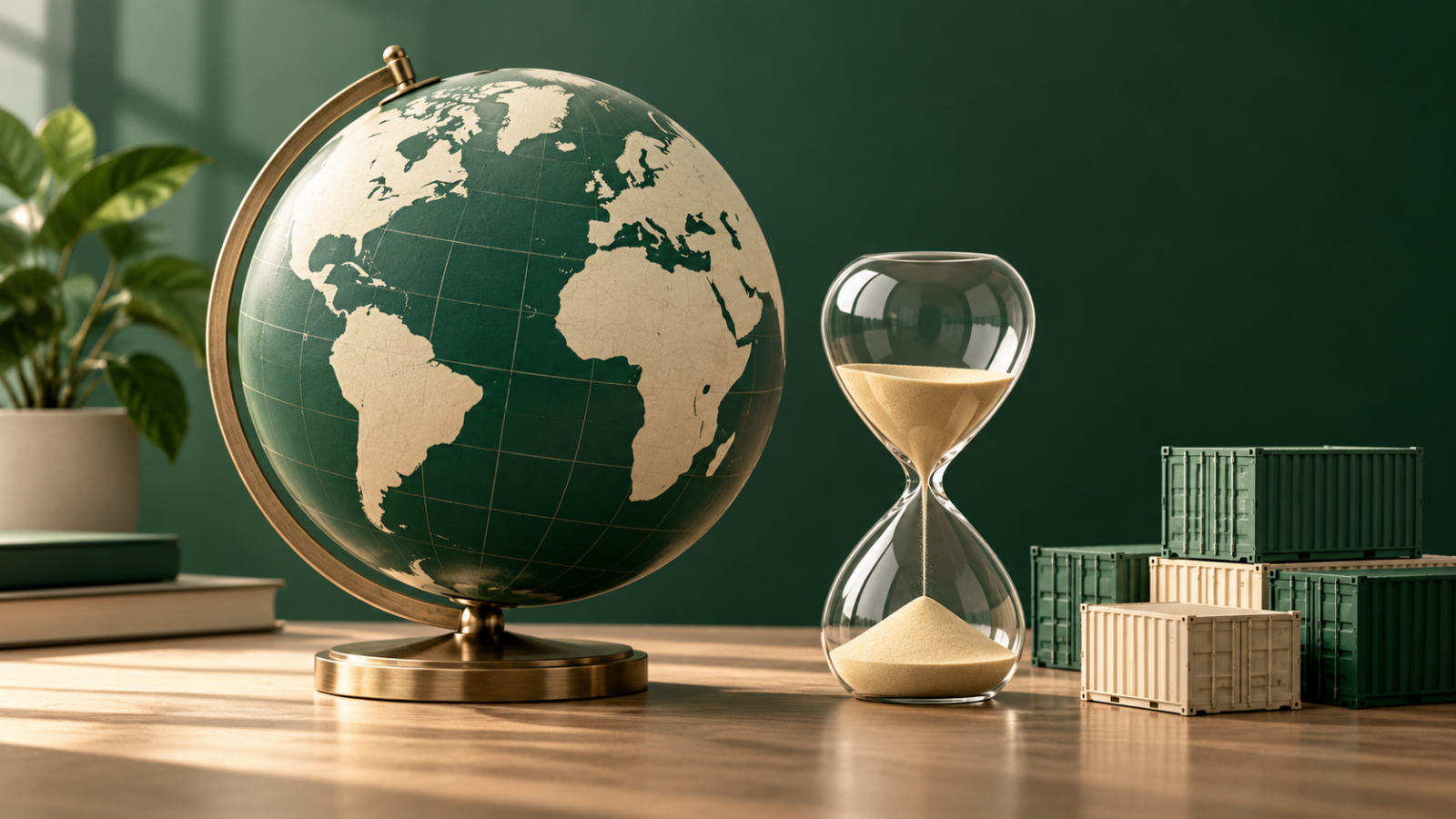 Original AI-generated globe, hourglass and unbranded cargo-block concept representing economic forecasting; not an official IMF graphic, building or photograph of an event.
