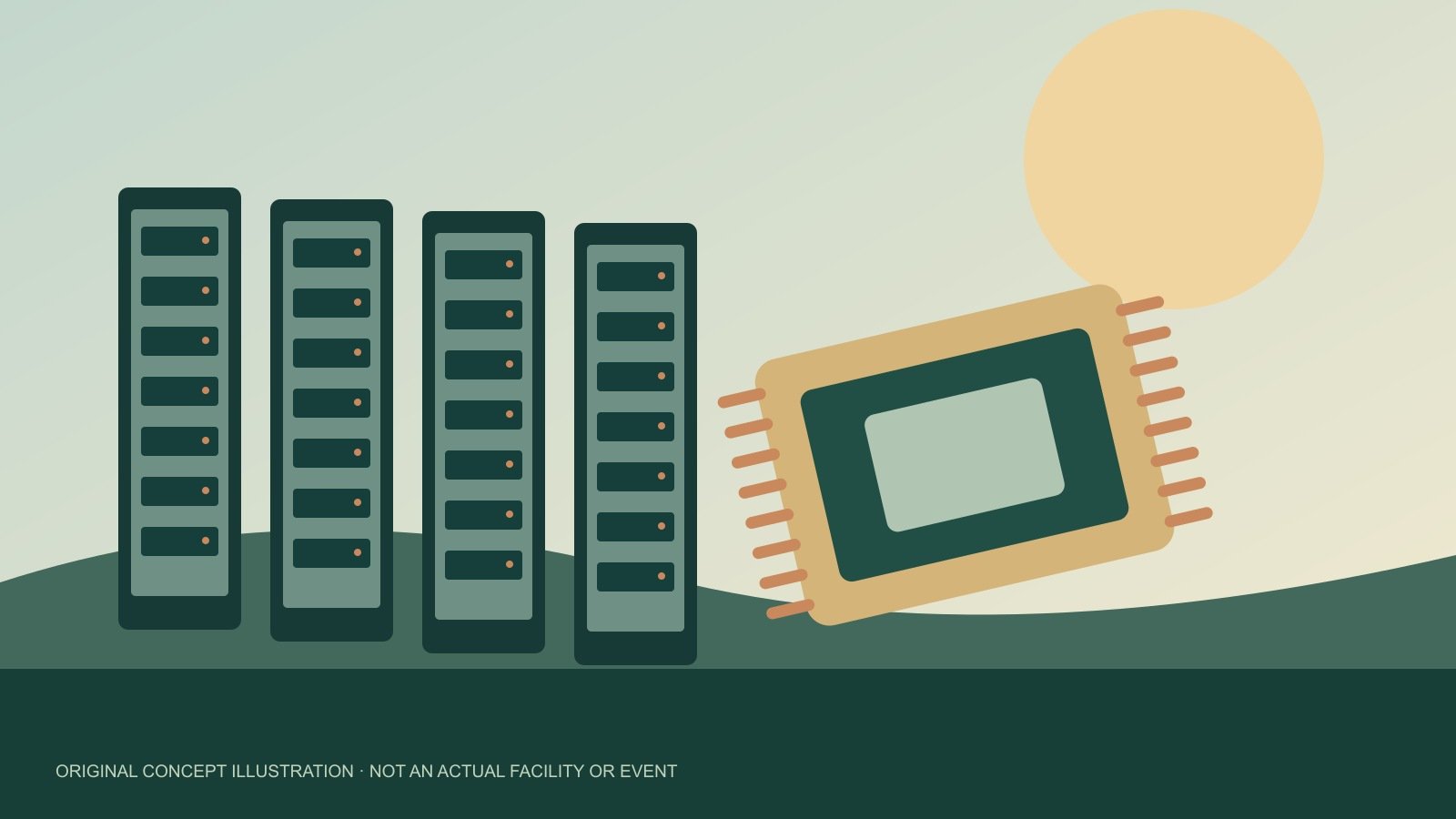 Original concept illustration of stylised computing racks and chip; not an actual issuer facility or event.
