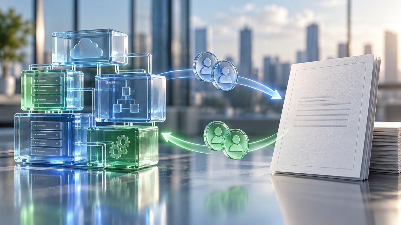 AI-generated conceptual illustration of unbranded software modules and connected computing components; not an Intellius facility or product.