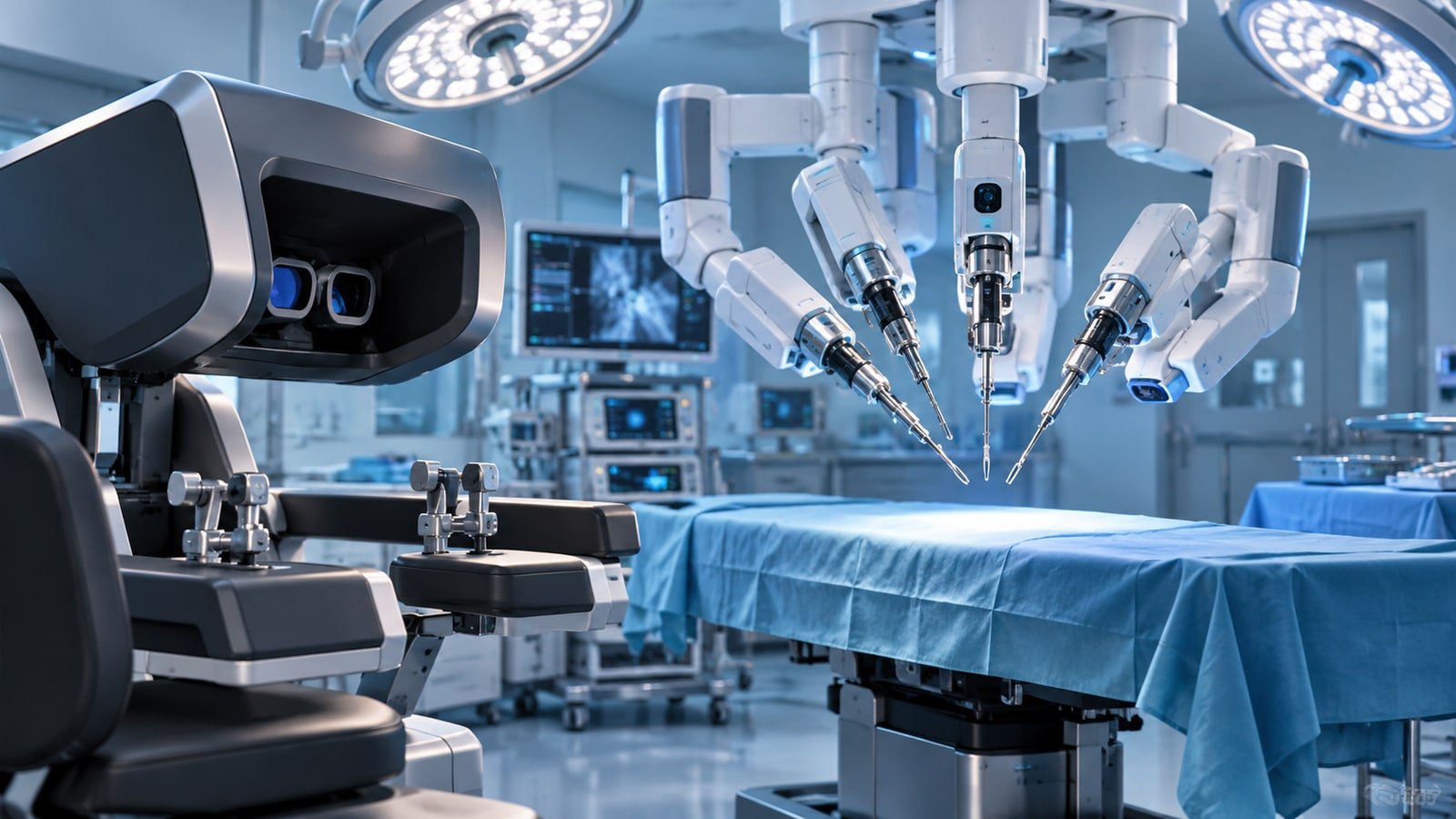 AI-generated robotic surgical instruments and console in an empty operating room; not an actual Intuitive product.