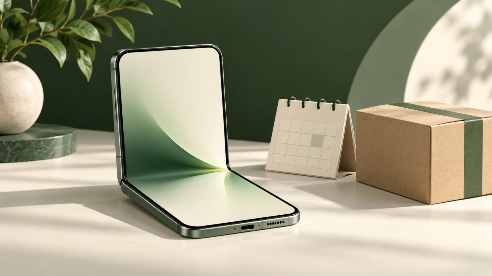 Conceptual AI illustration of a generic folding smartphone beside an order calendar; not an actual iPhone Duo photograph.