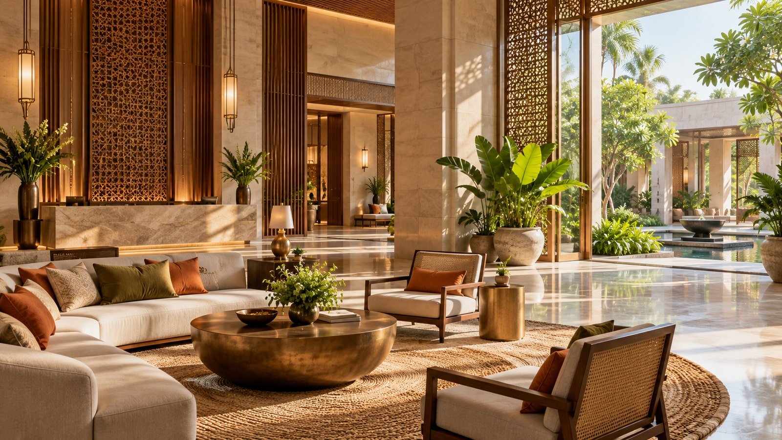 AI-generated concept: Fictional hotel interior with Indian design inspiration. Not an actual issuer facility, product or event.