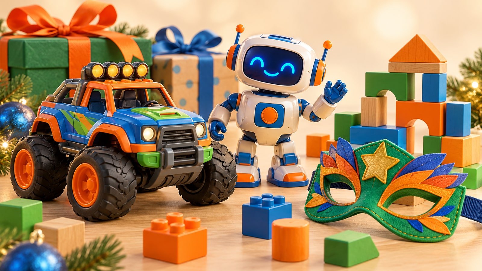 AI-generated concept of original unbranded toys and a costume mask; not actual JAKKS Pacific products or licensed characters.