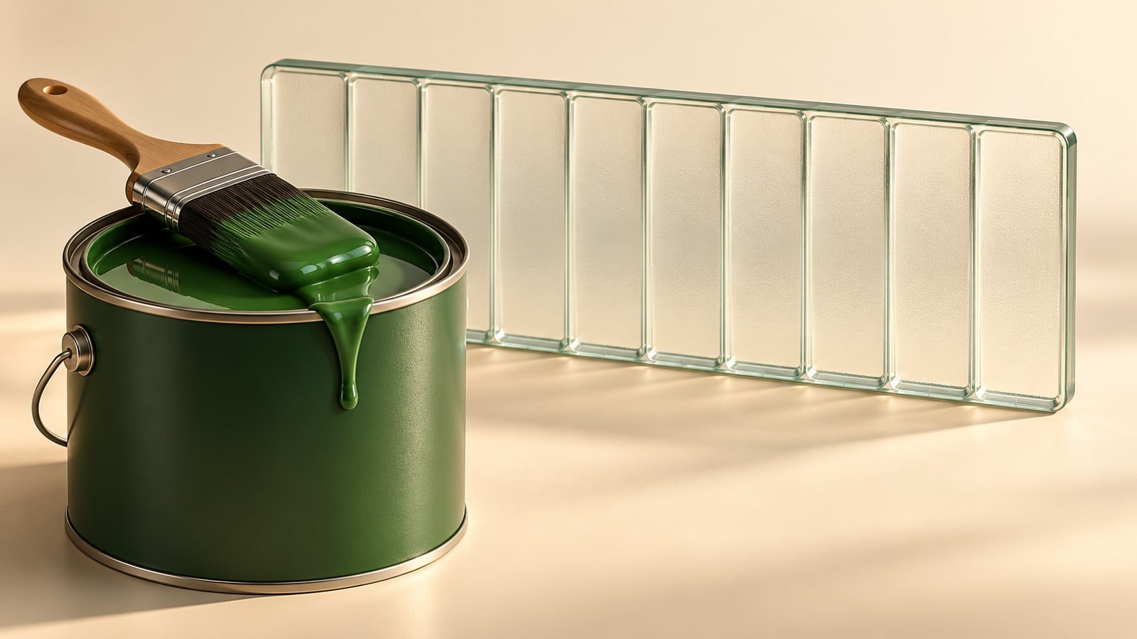 AI-generated unbranded paint tin, brush and segmented glass tiles; conceptual share-split illustration, not a JSW Dulux product photograph.