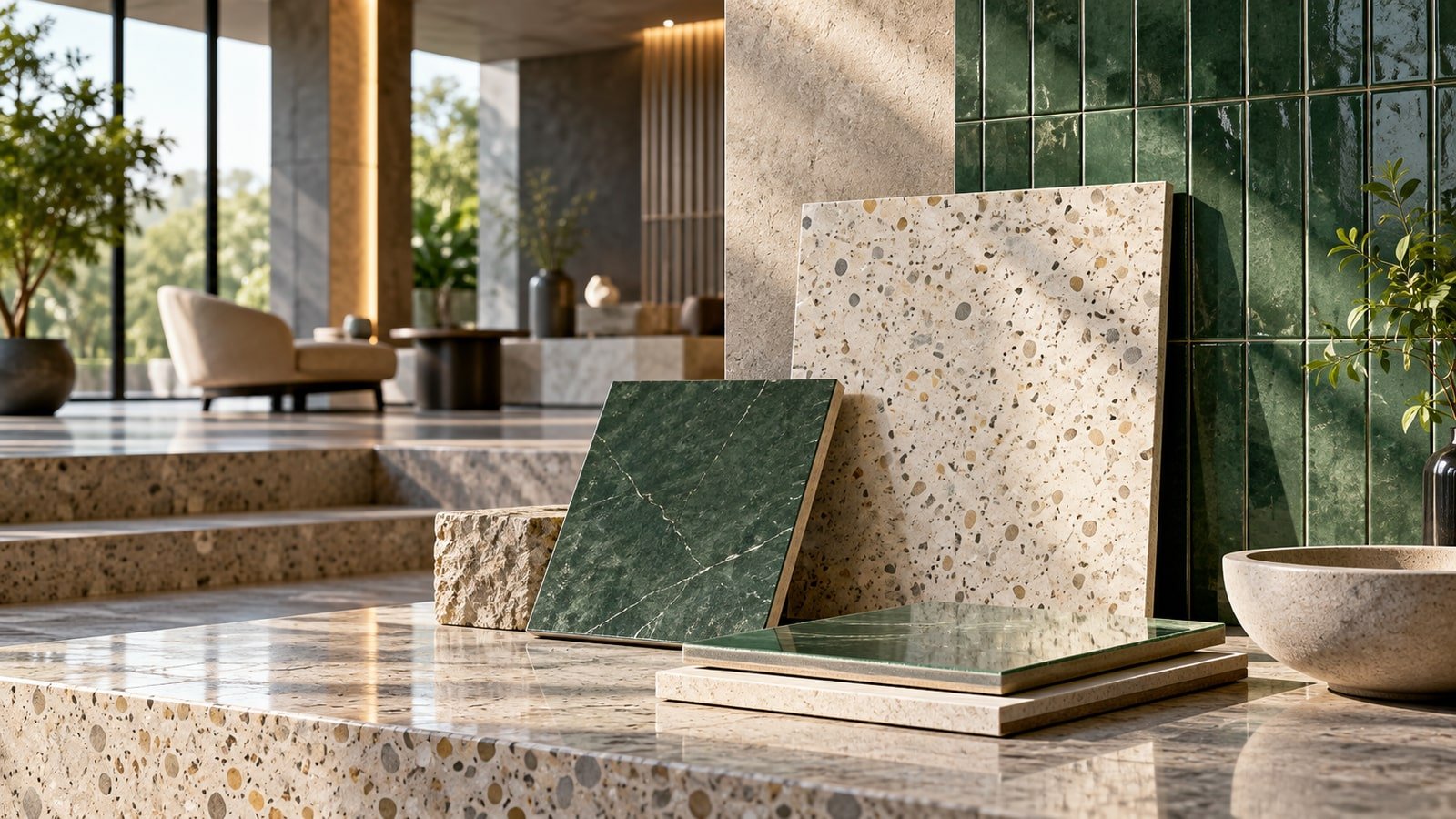 AI-generated conceptual arrangement of ceramic tile surfaces in a showroom; not a photograph of a Kajaria facility or product.