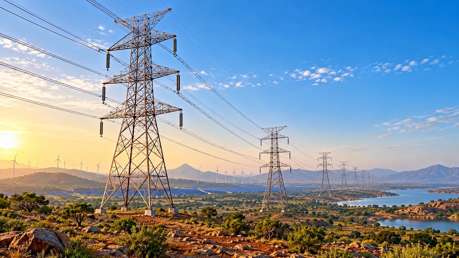 AI-generated conceptual illustration of high-voltage transmission towers beside a renewable-energy landscape; not an actual KEC or PGCIL facility, route or event.