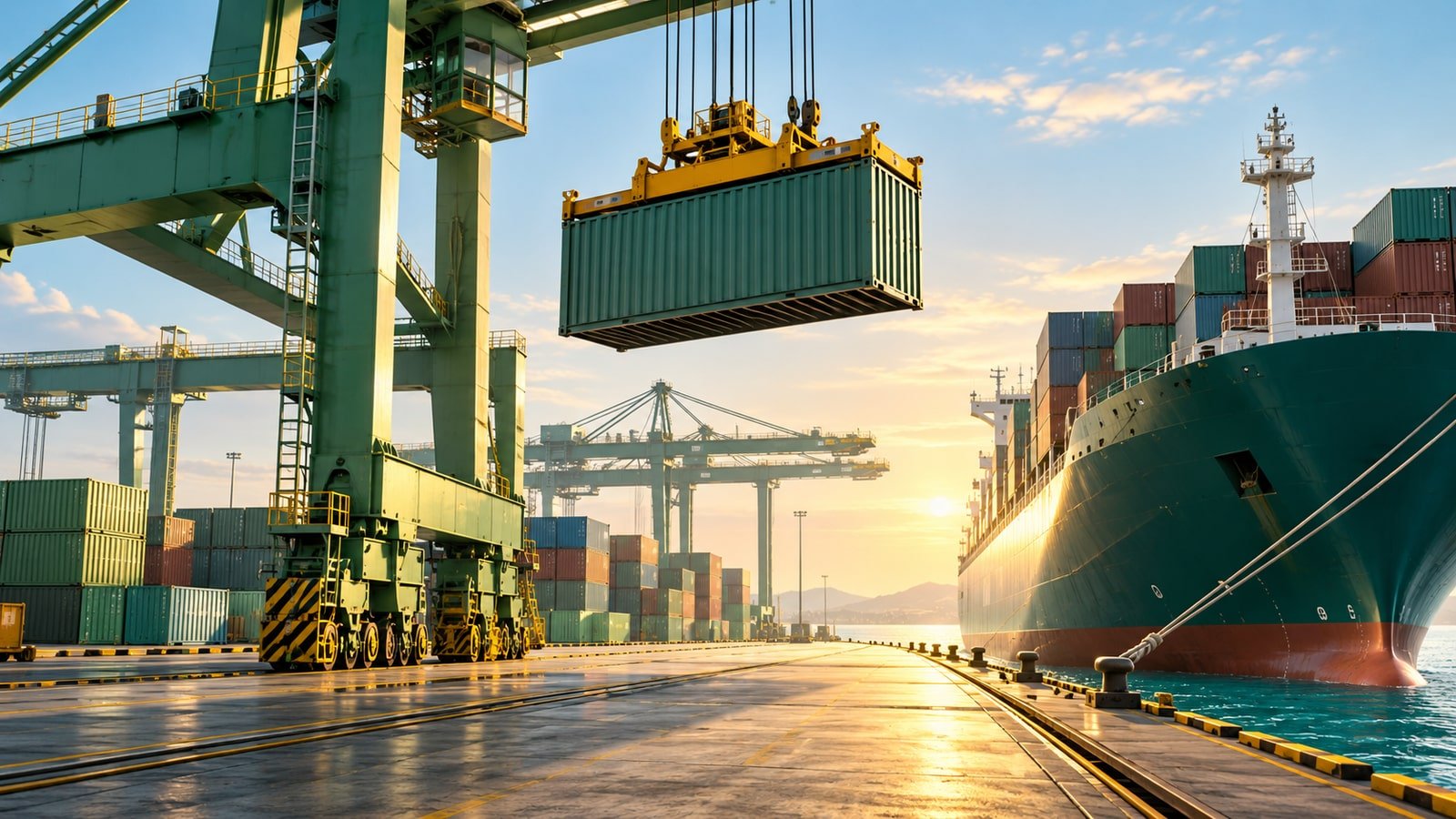 AI-generated concept of a generic container crane lifting an unbranded container at a port; not an actual Konecranes facility or event.