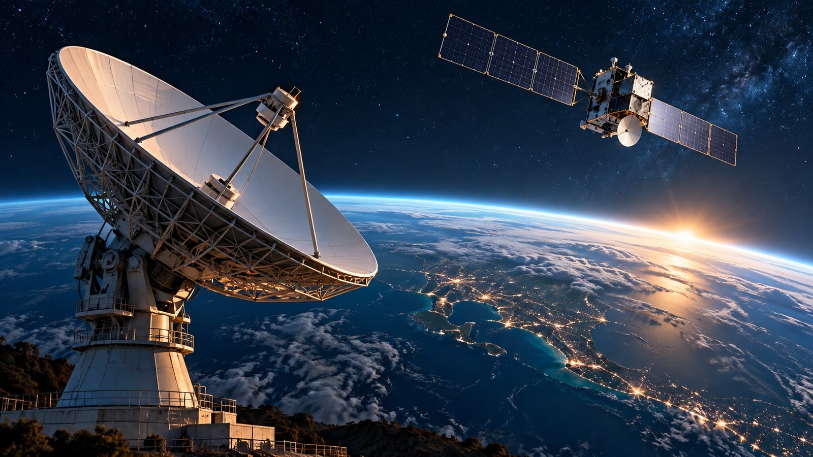 AI-generated conceptual satellite communications ground station at dusk; not an actual L3Harris facility, product or event.