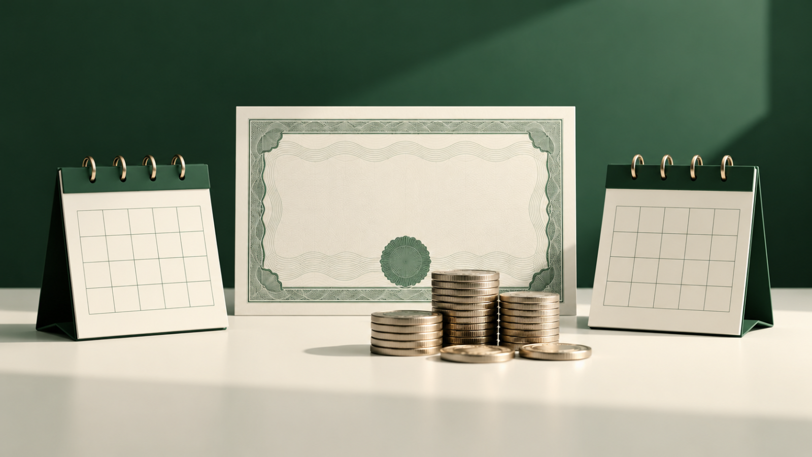 AI-generated conceptual illustration of share certificates, coins and two blank calendar cards; not an LTM document or payment record.