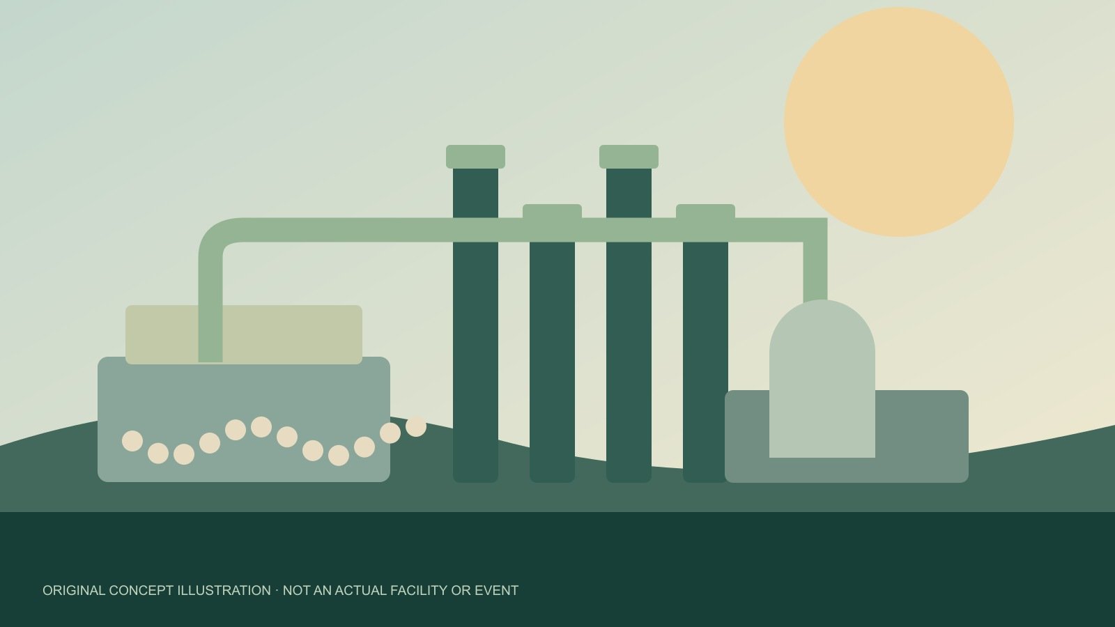 Original concept illustration of industrial pipework and polymer pellets; not an actual issuer facility or event.