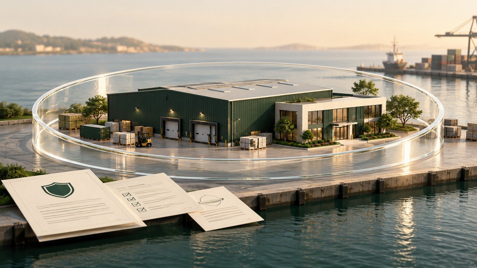 AI-generated fictional commercial port buildings within a transparent protective ring beside blank risk-assessment papers; not a Marsh facility or event.