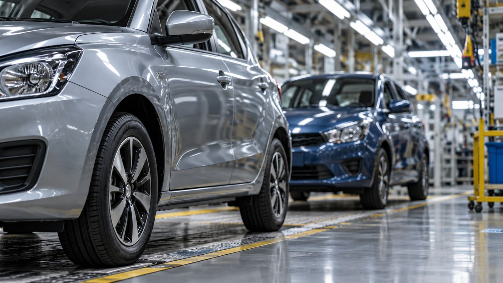 AI-generated concept of unbranded passenger cars in a generic automotive setting, not an actual Maruti model, facility or event.