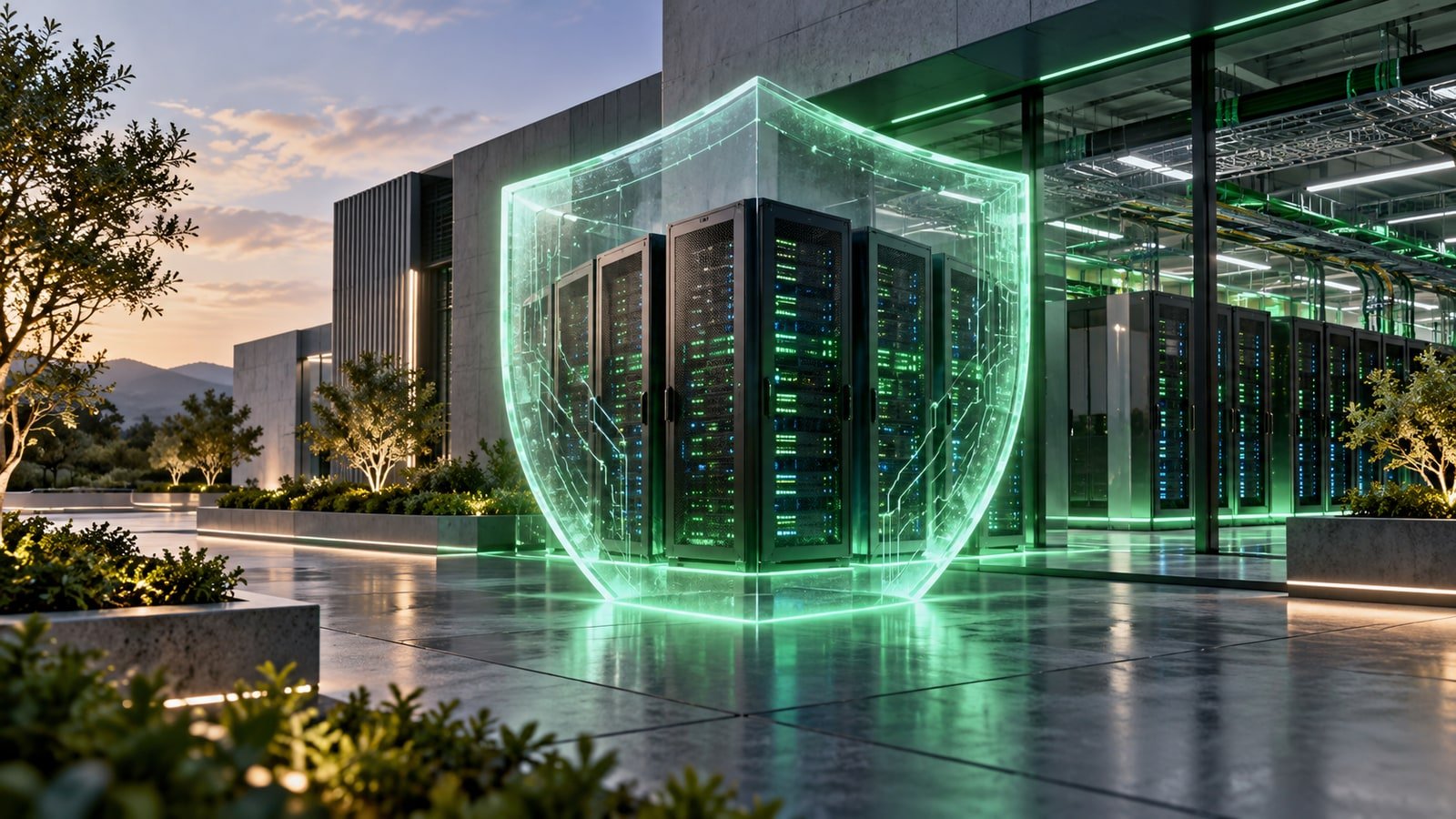 AI-generated secure data-centre concept with a digital shield; not an actual government facility.