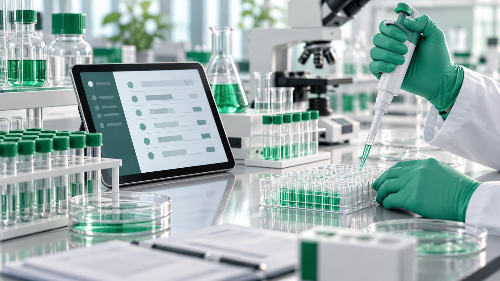 AI-generated conceptual clinical-research laboratory with specimen racks, pipetting equipment and an unbranded tablet; not an actual Medpace laboratory or clinical trial photograph.