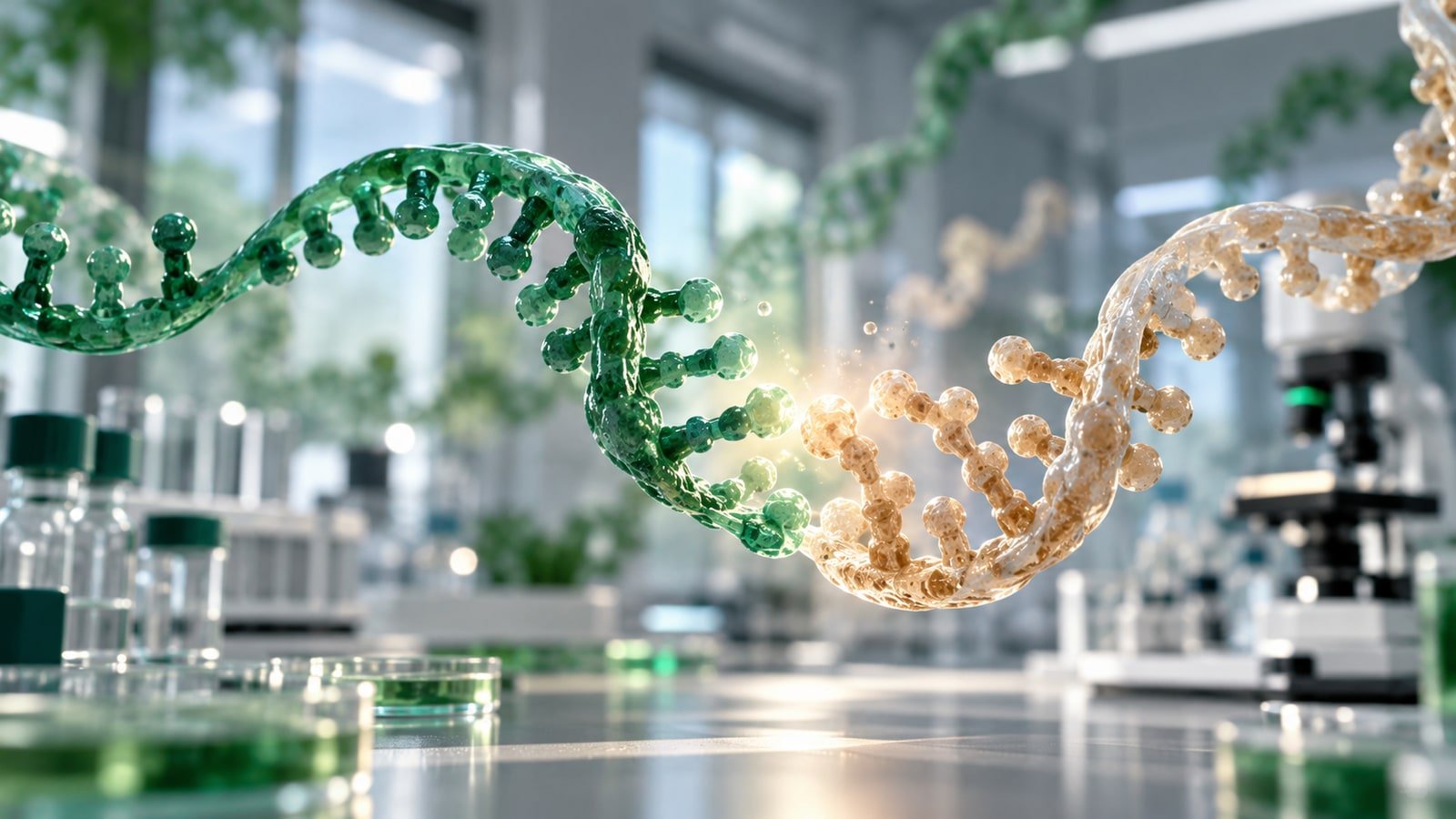 AI-generated biotechnology concept with molecular ribbons in an unbranded laboratory.