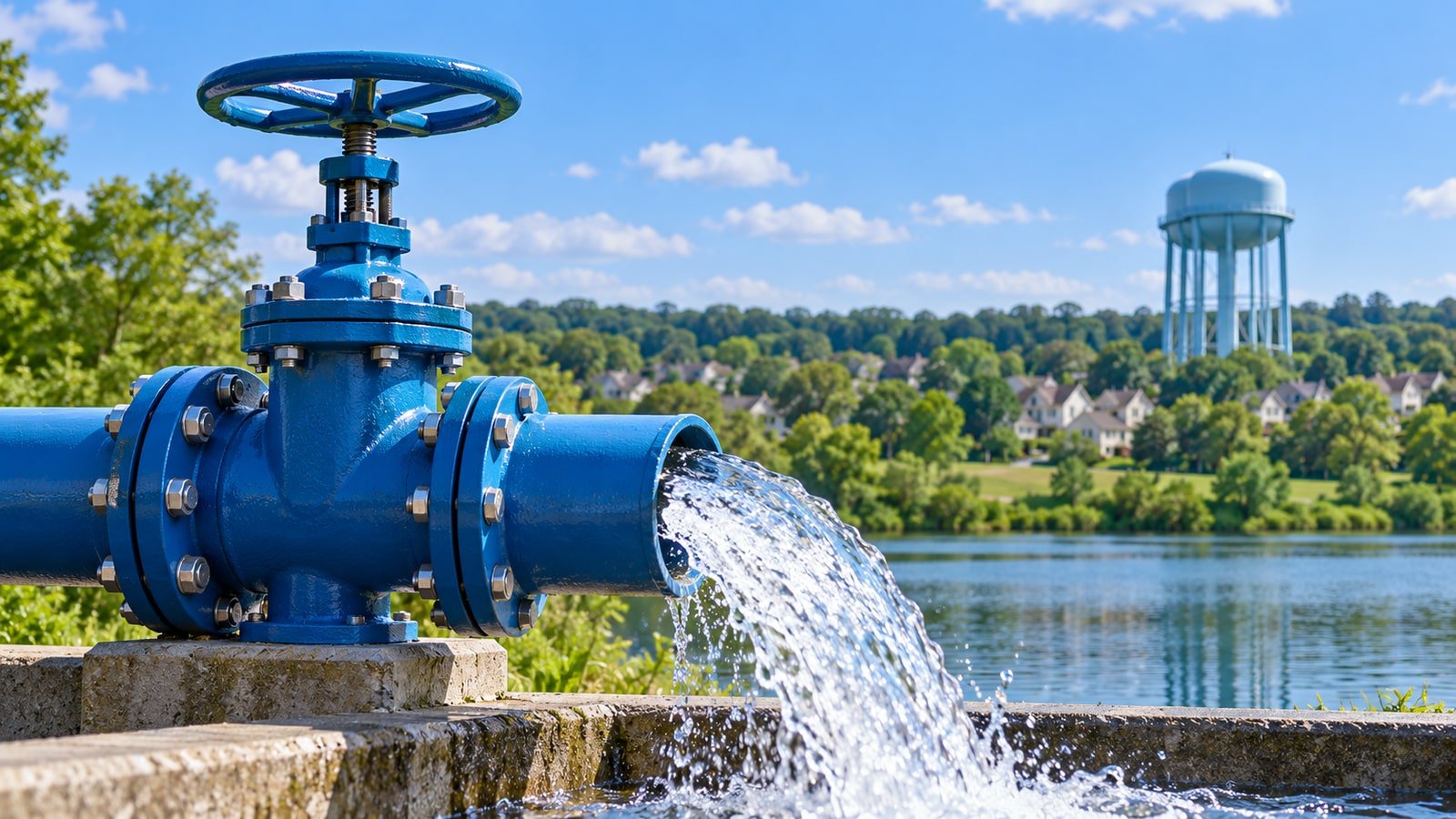 AI-generated concept of a water valve and generic water tower; not an actual Middlesex Water facility.