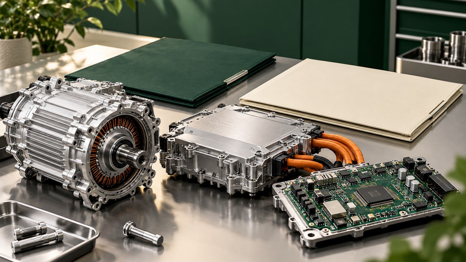 AI-generated electric motor, power electronics and blank agreement folders; not an actual Mitsubishi Electric or Foxconn product.