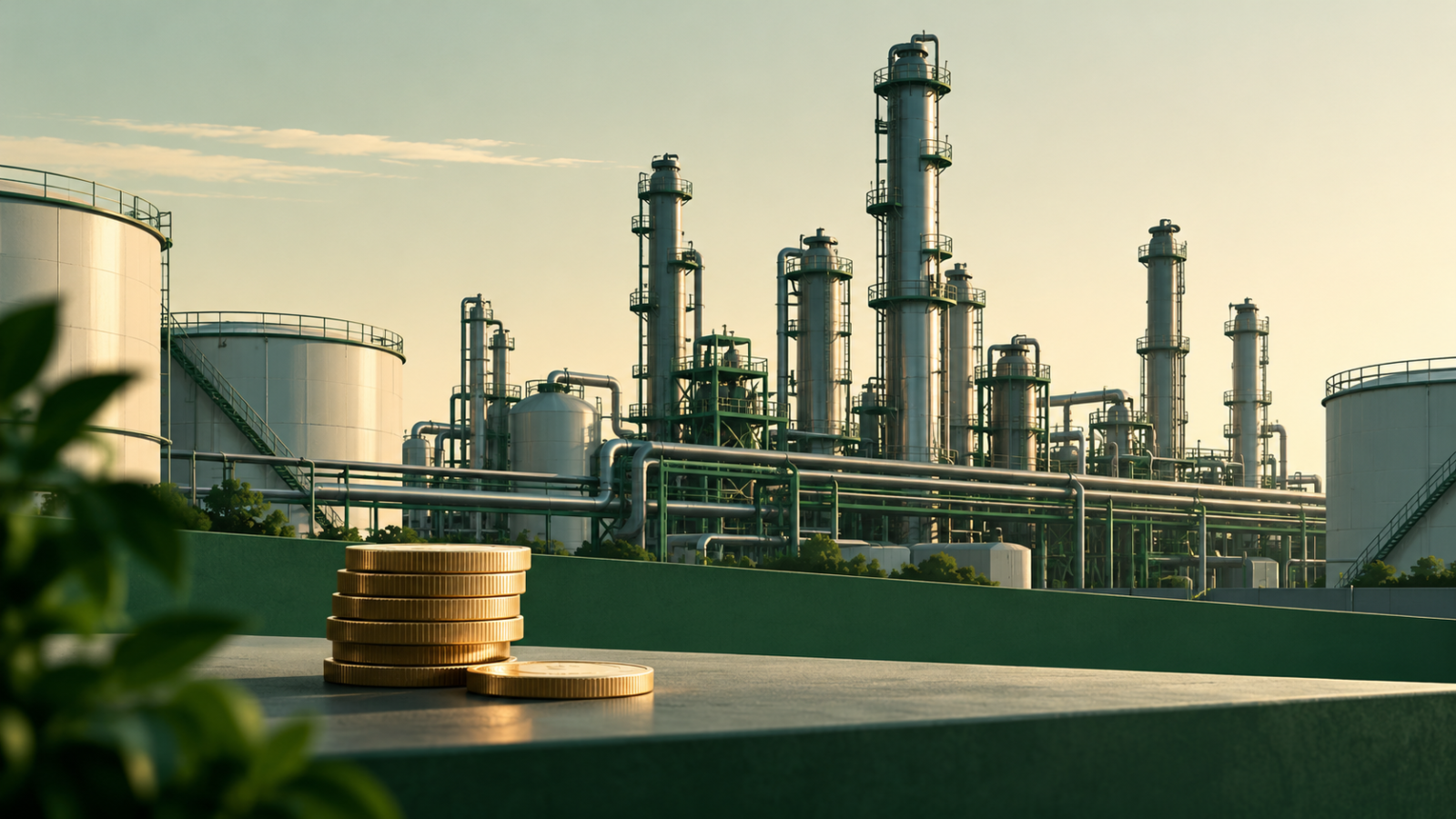 AI-generated conceptual refinery with storage tanks, pipes and coins; not an MRPL facility photograph or a record of a real event.