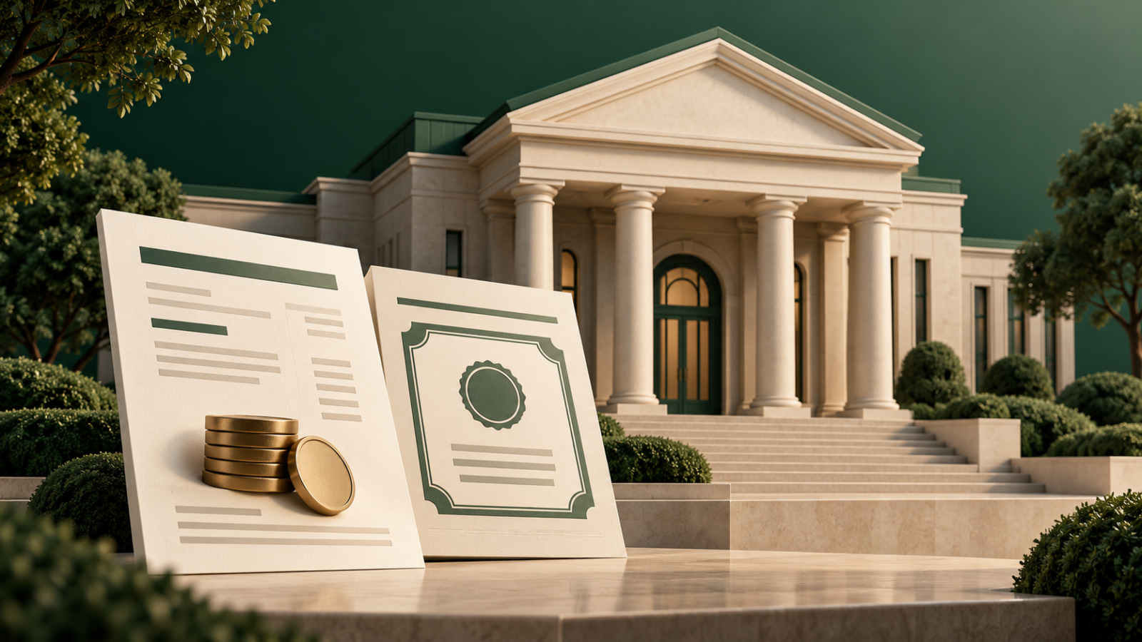AI-generated conceptual illustration of an unbranded bank, financial papers and coins; not an M&T Bank building or real document.