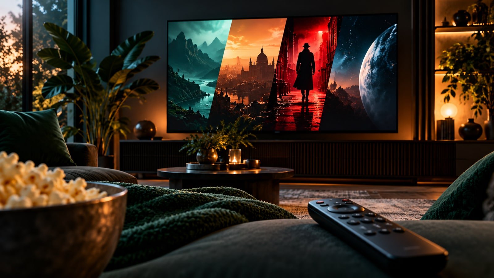AI-generated concept of a streaming screen and remote in a living room; not actual Netflix programme imagery.