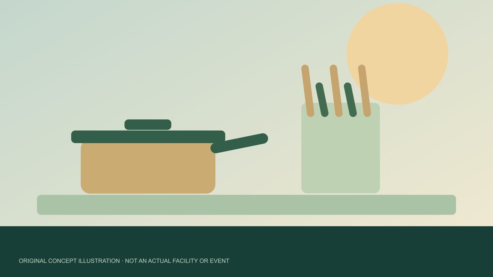 Original concept illustration of unbranded cookware and stationery; not an actual issuer facility or event.