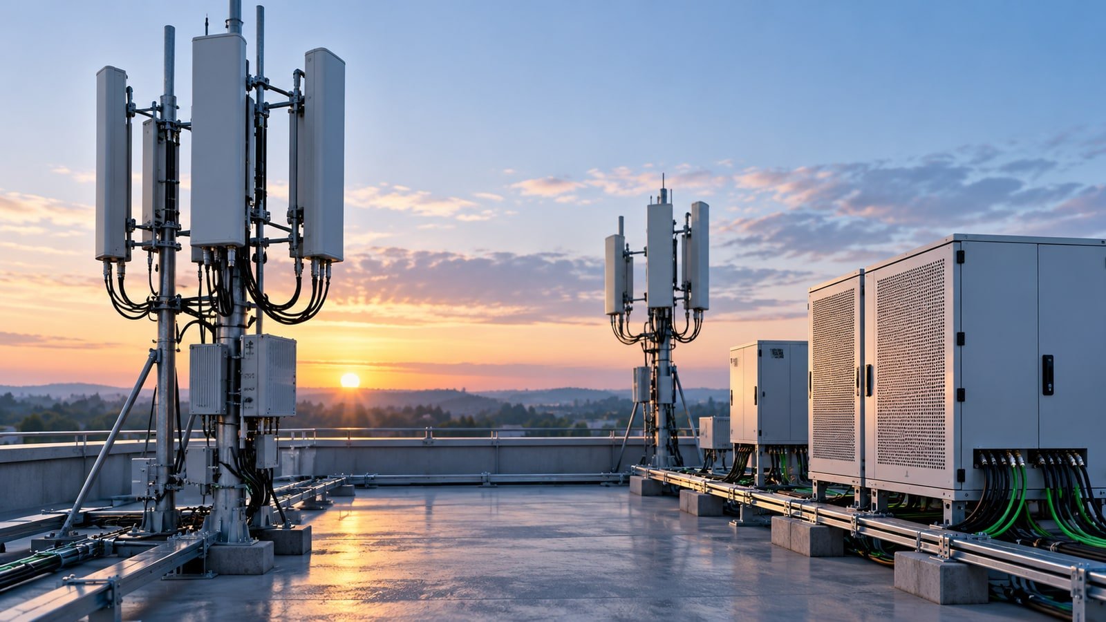 AI-generated concept of cellular antennas and fibre-network equipment; not an actual Nokia installation or product photograph.