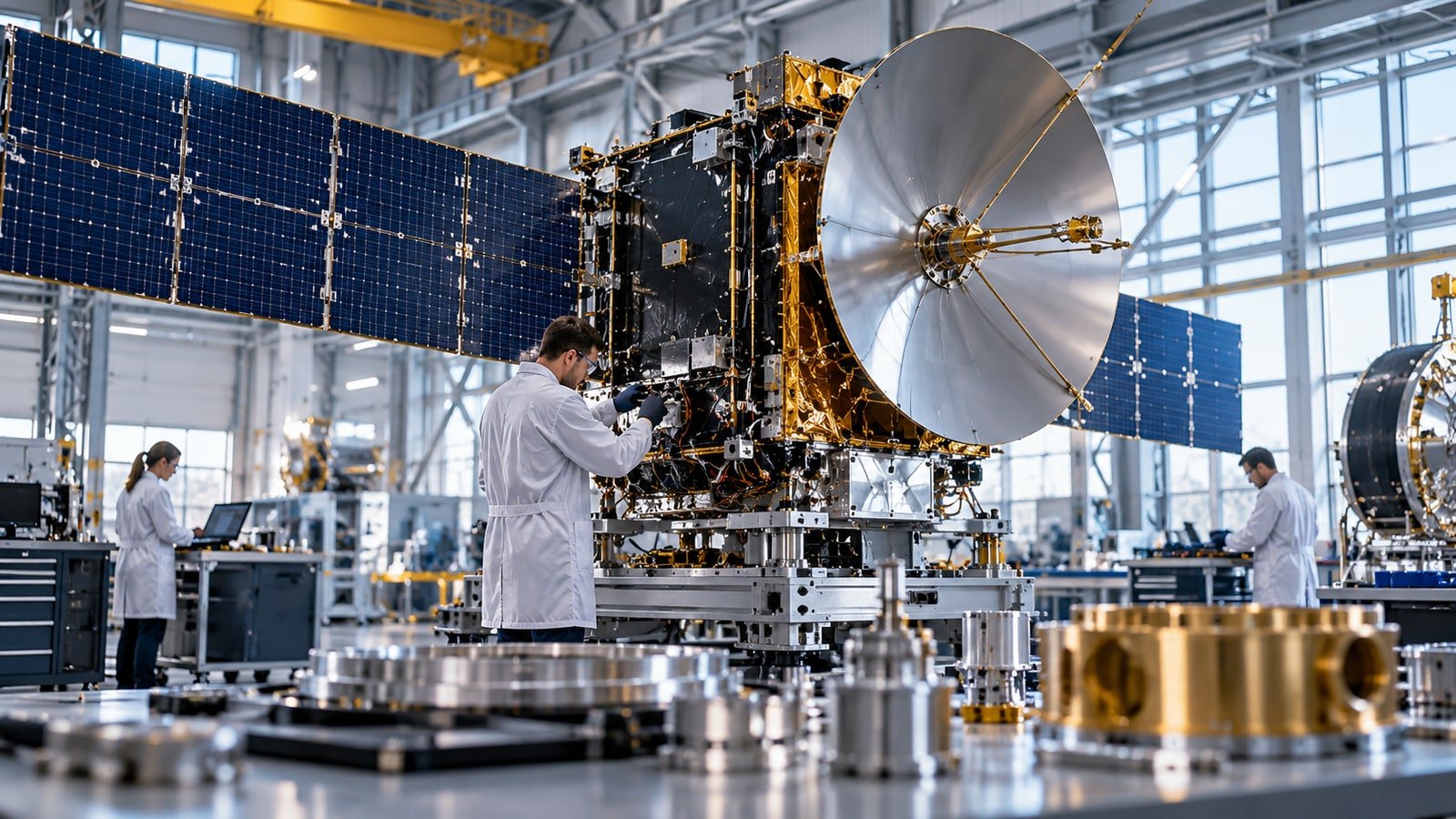 AI-generated satellite assembly in an unbranded aerospace workshop; not a Northrop facility.