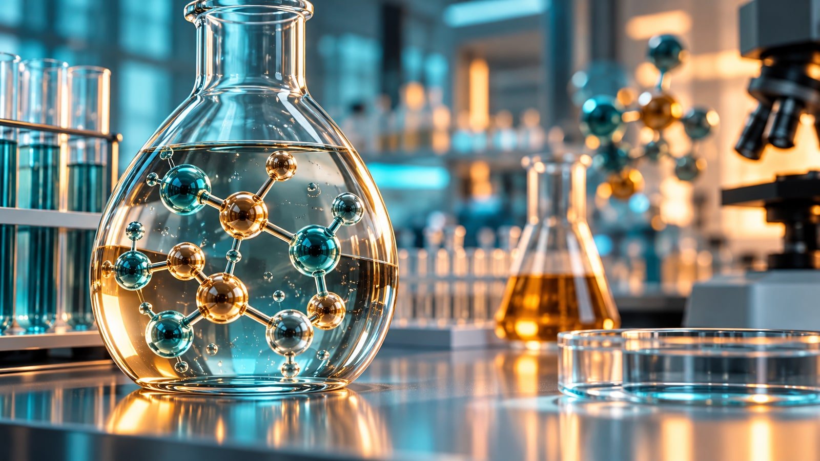 AI-generated concept: unbranded laboratory vessels and a molecular model. Not an actual issuer product, facility or event.