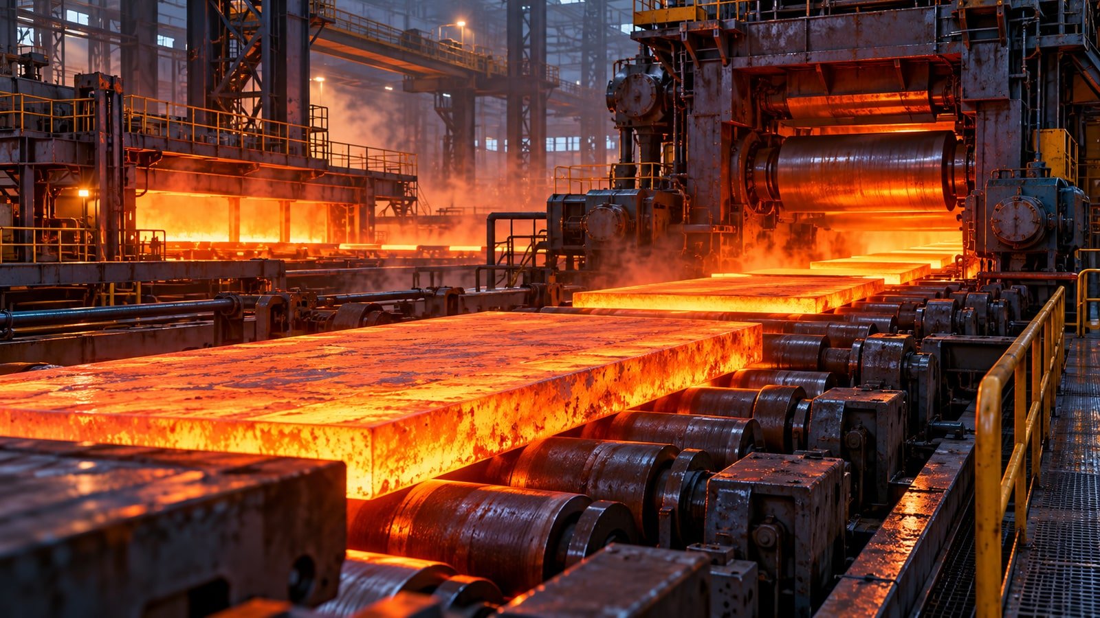 AI-generated concept: hot steel slabs in a fictional rolling mill. Not an actual issuer product, facility or event.